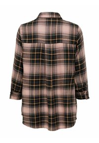 Chemise à carreaux rose et noire, en tissu doux, dotée d'un col, de manches longues avec pattes de manchettes et d'un empiècement au dos.