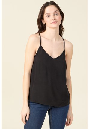 Top nero senza maniche con scollatura a V, realizzato in tessuto leggero, dotato di spalline sottili e una vestibilità rilassata.