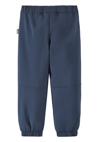 Navy blue pants made of stretchy material with an elastic waistband and gathered cuffs, featuring two horizontal seam lines for design.