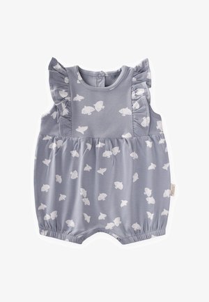 Ärmelloser grauer Baby-Strampler mit weißem Schmetterlingsdruck und gerafften Schulterdetails, Druckknöpfen am Nacken hinten und an den Beinöffnungen.
