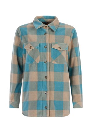 Flannel shirt in blue and beige plaid, featuring long sleeves, two chest pockets with button flaps, and front button closure.