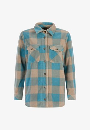Flanellen overhemd in blauw en beige geruit, met lange mouwen, twee borstzakken met knoopflappen en een knoopsluiting aan de voorkant.
