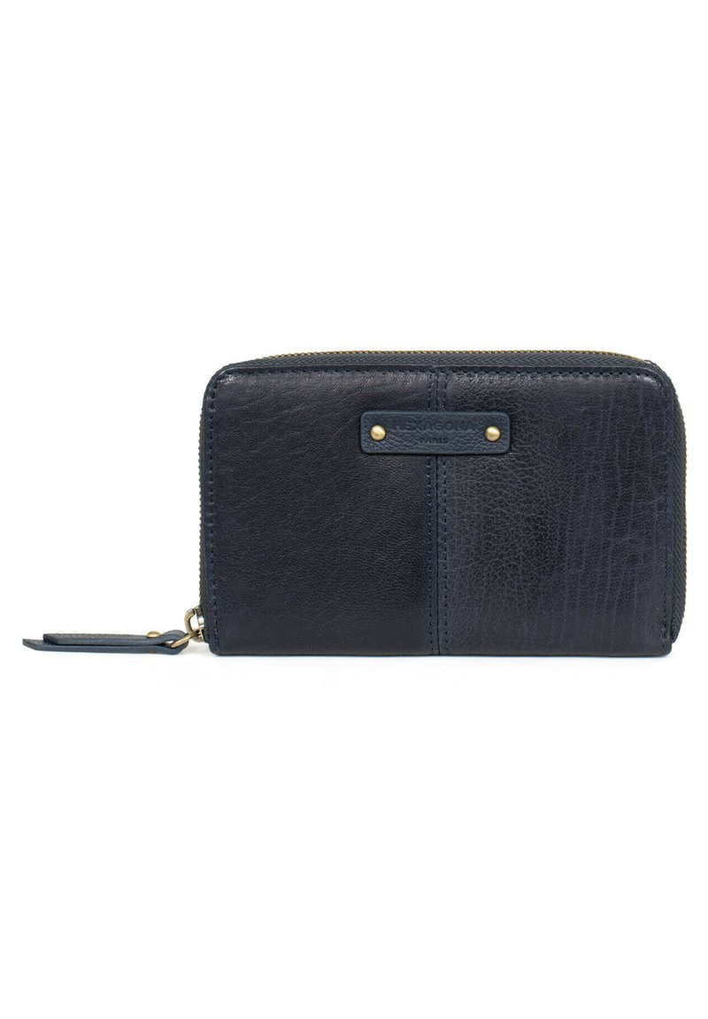 Portafoglio in pelle navy con pannelli testurizzati e lisci, hardware color oro, chiusura a zip e dettagli con logo sulla parte anteriore. Design compatto con cinturino per il polso.