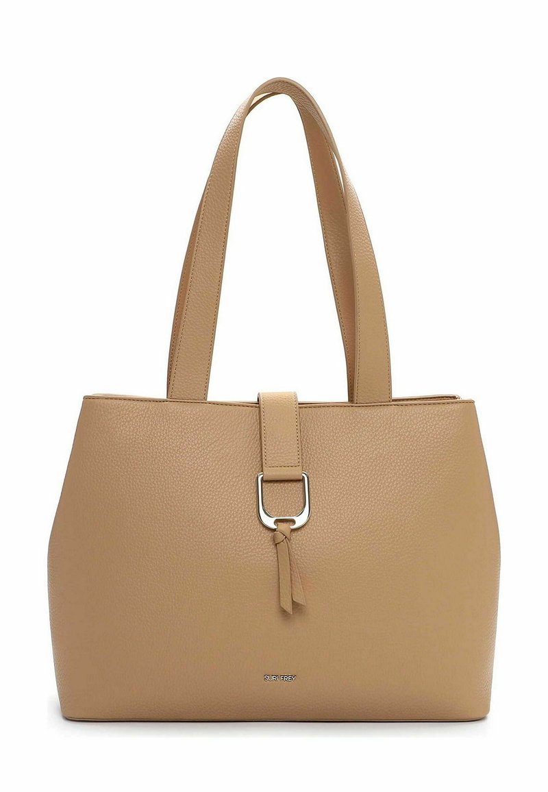 Borsa tote in pelle color cuoio con texture morbida, forma rettangolare ampia e due manici lunghi. Presenta una fibbia argentata e un dettaglio con nappina.