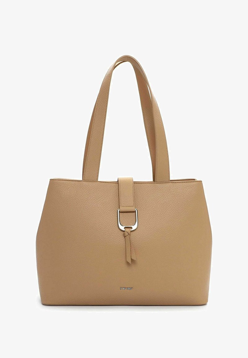Borsa tote in pelle color cuoio con texture morbida, forma rettangolare ampia e due manici lunghi. Presenta una fibbia argentata e un dettaglio con nappina.