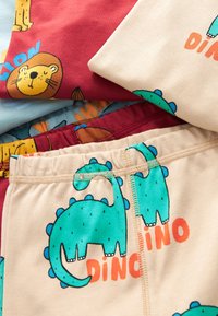 Vêtements pour enfants avec des motifs colorés de dinosaures et de lions, portant les mots "DINO" et "LION" sur un tissu doux.