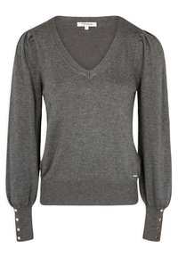 Pull-over gris en tissu doux, avec un col en V, des manches longues à effet bouffant et des boutons décoratifs aux poignets.