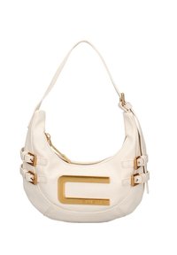 Borsa a spalla bianca in pelle con dettagli in metallo dorato, dotata di chiusura con zip e fibbie laterali regolabili. Piastra con logo sul fronte.