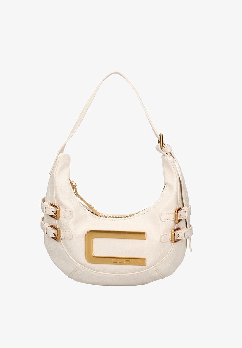 Borsa a spalla bianca in pelle con dettagli in metallo dorato, dotata di chiusura con zip e fibbie laterali regolabili. Piastra con logo sul fronte.