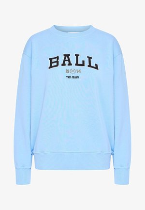 Vaaleansininen huppari, jossa on pitkät hihat, ribbireunat ja kaula-aukko. Mustaa ja kultaa oleva teksti: "BALL 1974 THE JEANS." Rentomallinen.