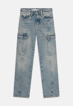 Lichtblauwe denim cargobroek met een rechte pijp, voorzien van twee voorzakken, zijvakken met klep en een standaard tailleband.