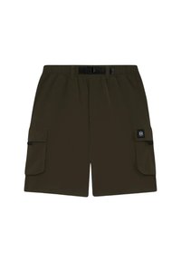 Pantaloni cargo in tessuto verde oliva scuro, con due grandi tasche laterali, una cintura regolabile e una texture liscia.