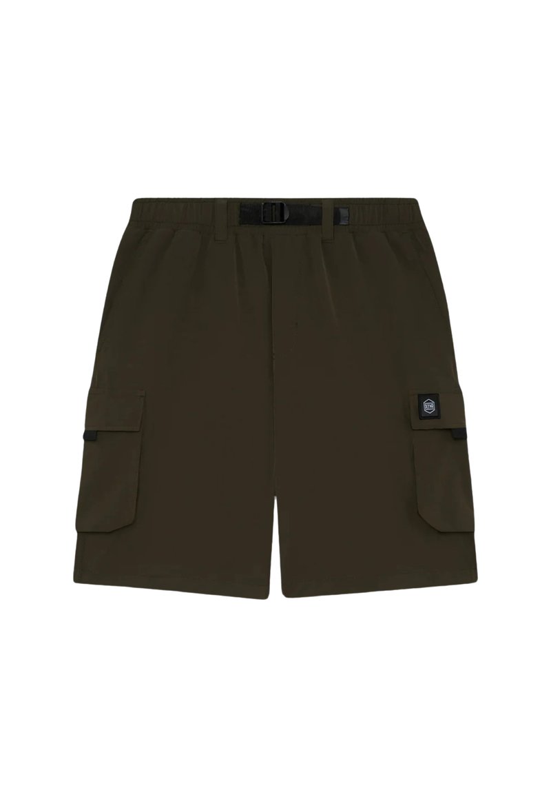 Pantaloni cargo in tessuto verde oliva scuro, con due grandi tasche laterali, una cintura regolabile e una texture liscia.
