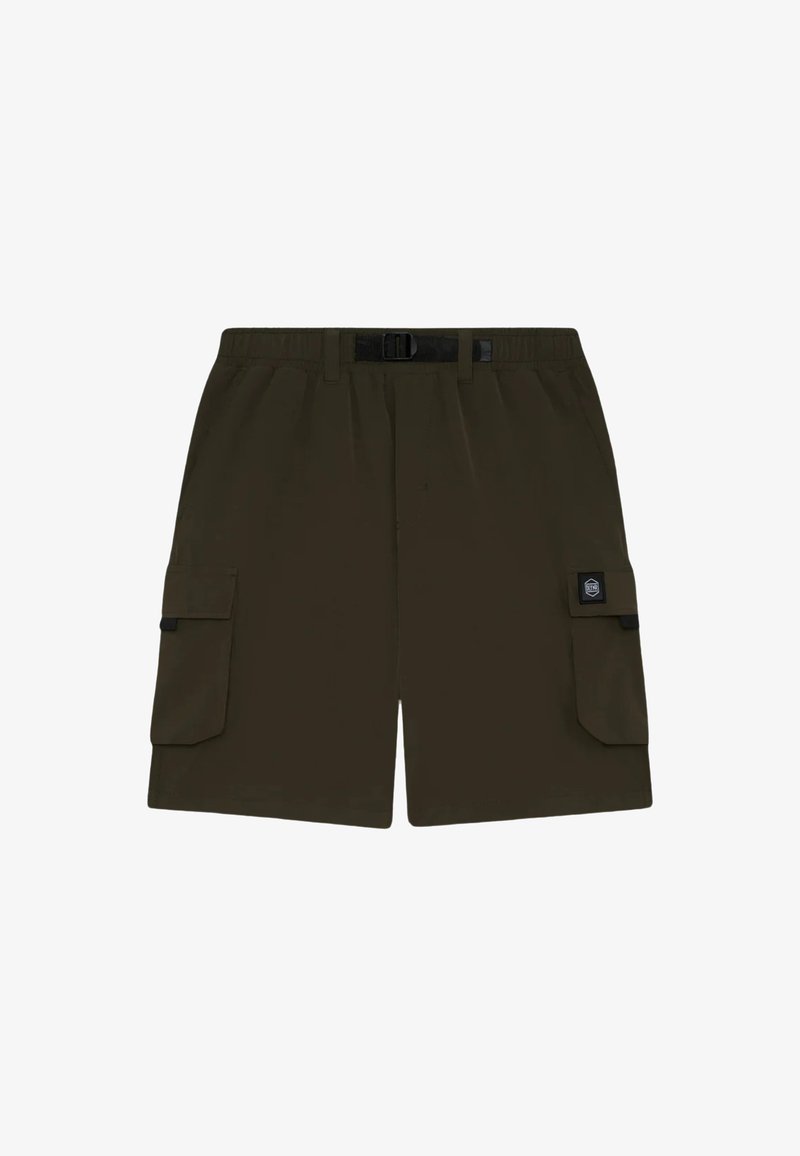 Pantaloni cargo in tessuto verde oliva scuro, con due grandi tasche laterali, una cintura regolabile e una texture liscia.