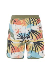 Shorts de bain colorés avec un motif de plantes tropicales sur un fond clair, dotés d'une taille vert olive et d'une poche au dos.