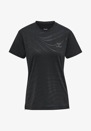 Maglietta sportiva nera in tessuto liscio, con motivi a onde, collo rotondo e piccolo logo sulla parte anteriore destra.