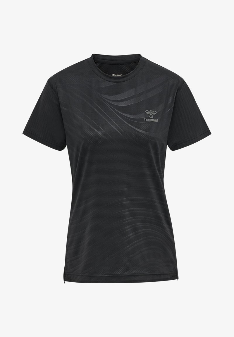 Maglietta sportiva nera in tessuto liscio, con motivi a onde, collo rotondo e piccolo logo sulla parte anteriore destra.