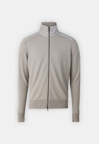 Světle šedý svetr na zip s vysokým límcem, žebrovanými manžetami a lemem, texturovanými rameny a hladkým materiálem. Obsahuje plný přední zip.