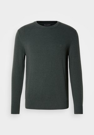 Dark green crewneck sweater, ribbed texture, long sleeves, and a subtle logo on the chest. Made from soft, cozy fabric.