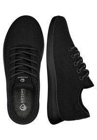 Black athletic shoes with a mesh upper, round toe, and rubber sole. Features black laces and a logo on the tongue. Smooth texture.