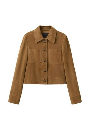 Chaqueta marrón de ante con botones, cuello, dos bolsillos en el pecho y mangas largas.