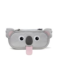 Gray pencil case with a koala design, featuring large eyes, a pink tongue, and ear accents. Made from durable fabric with a zipper closure.
