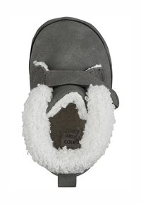Grau baby Schuh mit weichem weißen Fleece-Innenfutter und Riemenschluss. Verfügt über eine abgerundete Spitze und eine strukturierte Oberseite, die Wärme und Komfort bieten.