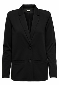 Schwarzer Blazer aus glattem Material, mit Reverskragen, zwei Fronttaschen und einer knopf offenen Schließe mit zwei Knöpfen. Lange Ärmel und gerader Schnitt.