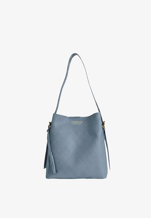 Sac à bandoulière en cuir bleu avec détail à pampilles et logo doré "Loxwood Le Cas Parisien", design simple et structuré.