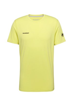 Maglietta gialla da uomo a maniche corte Mammut con logo nero sul petto ed emblema mammut sulla manica sinistra.