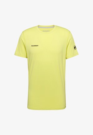 Maglietta gialla da uomo a maniche corte Mammut con logo nero sul petto ed emblema mammut sulla manica sinistra.