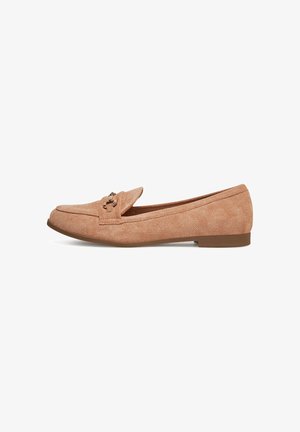 Suede loafers in beige with a low, flat sole. Features a decorative stitched strap and small metal accents on the upper. Smooth texture.