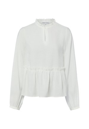 Witte blouse met lange mouwen, gerimpelde hoge kraag, vooraan een keyhole-knop en een geplooide taille.