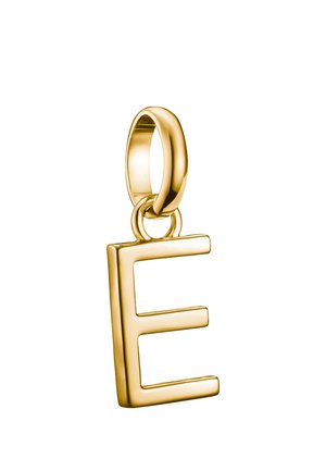 Goldener Buchstabe "E" als Anhänger mit polierter Oberfläche. Verfügt über eine runde Befestigungsschlaufe. Hintergrund ist schlicht und weiß.
