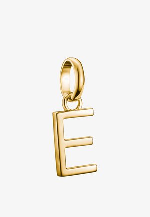 Ciondolo a forma di lettera "E" in oro con finitura lucida. Presenta un anello di attacco circolare. Lo sfondo è semplice e bianco.