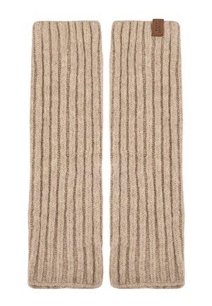 Beige ribbed knit leg warmers with a small brown leather tag on one side, displayed flat on a white background.