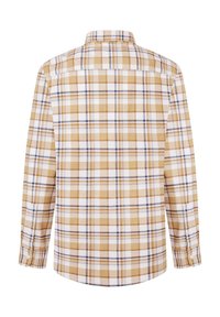 Camicia a maniche lunghe a quadri in tonalità beige, bianco e blu. Presenta un colletto button-down e un orlo curvo. Il materiale sembra morbido con un motivo a scacchi.