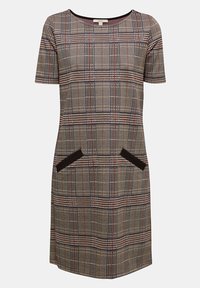 Robe à carreaux en tissu texturé avec manches courtes, encolure ronde et deux poches à l'avant soulignées de noir.