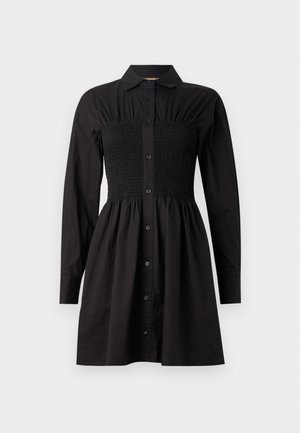 Abito camicia nero con maniche lunghe, chiusura a bottoni, corpino arricciato e gonna svasata. Realizzato in tessuto morbido con una silhouette strutturata.