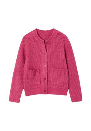 Pink knitted button-up cardigan with long sleeves and two front pockets, laid flat on a white background.
