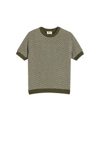 Top de punto de manga corta en verde oliva, con un patrón de espiga texturizado, terminado con un cuello y puños de canalé en contraste.