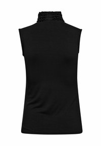 Haut noir sans manches avec un col haut à volants. Texture douce et coupe ajustée, offrant une silhouette lisse.