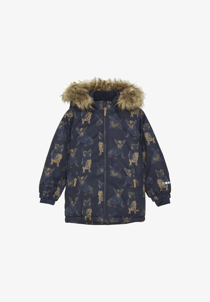 Mørkeblå polstret jakke med hætte i faux pels, prydet med et mønster af brune hunde i trøjer. Lynlås lukning og elastiske manchetter.