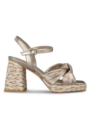 Metalen gouden haksandalen met een geknoopt ontwerp aan de voorkant, met een geweven, textuurblokhak in natuurlijke tinten en een verstelbare enkelband.