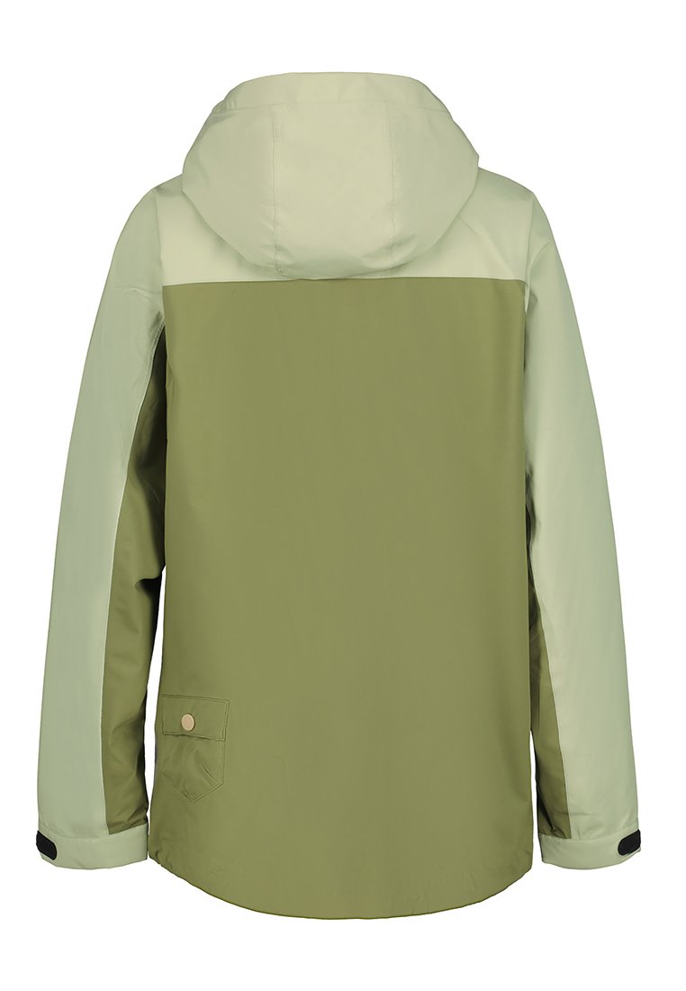 Grün und hellgrüner wasserdichter Jacke mit Kapuze, ausgestattet mit einer Rückentasche und kontrastierenden Farbkombinationen. Glatte Textur.