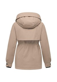 Beige outdoor jacket with a hood, cinched waist, long sleeves, and buttoned wrist accents. Smooth texture and minimalistic design.