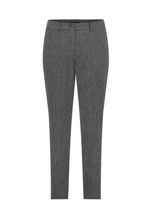 Pantaloni grigi su misura con un sottile motivo a spina di pesce, vestibilità dritta, chiusura anteriore con bottone e passanti per cintura. Tessuto liscio, senza tasche.