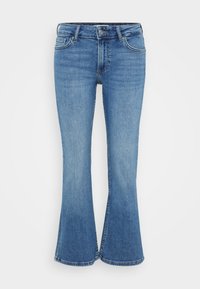 Blå utsvingte jeans laget av denim, med mid-rise midje, fem-lomme design, og sømdetaljer langs sømmene.