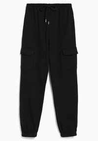 Pantaloni cargo neri realizzati in tessuto morbido, dotati di una cintura elastica con cordoncino, e due tasche laterali con chiusura a cappuccio.