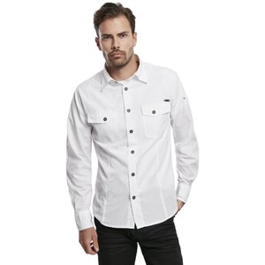 White long-sleeve shirt with button-down collar, two chest pockets, and black buttons. Made of lightweight fabric with a textured finish.